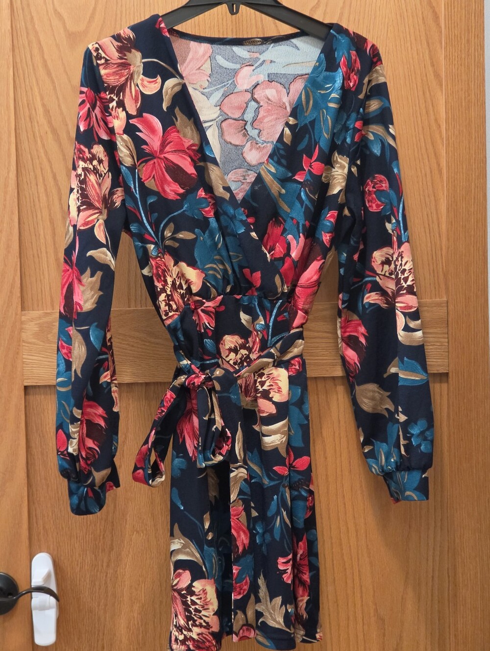 SHEIN Navy Floral Wrap Mini Dress with Pink & Gold Blooms - Picture 2 of 2
